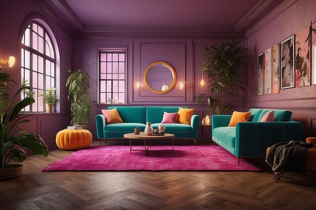 Photo colorful interiour living room design velvet neon color luxery