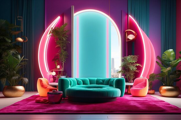 Colorful interiour living room design velvet neon color luxery