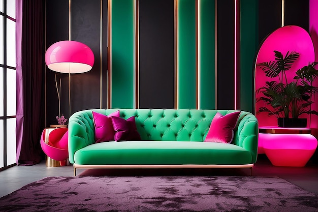 Colorful interiour living room design velvet neon color luxery