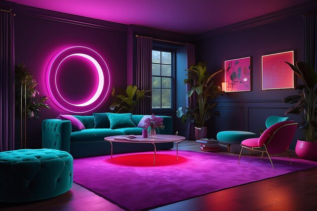 Красочный интерьер гостиной дизайн бархатный неоновый цвет роскошь
