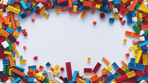 colorful interlocking plastic bricks scattered around a clean white space