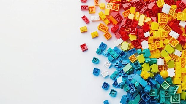 colorful interlocking plastic bricks scattered on a white background