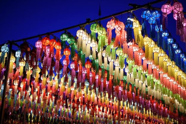 Colorful International and traditional Lanterns at Loi Krathong Yi Peng Festival Chiang Mai Thailand