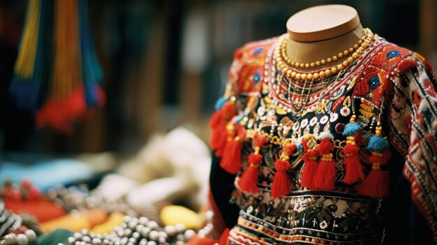 A colorful and intricate ethnic dress on a mannequin showcasing the richness of traditional attire