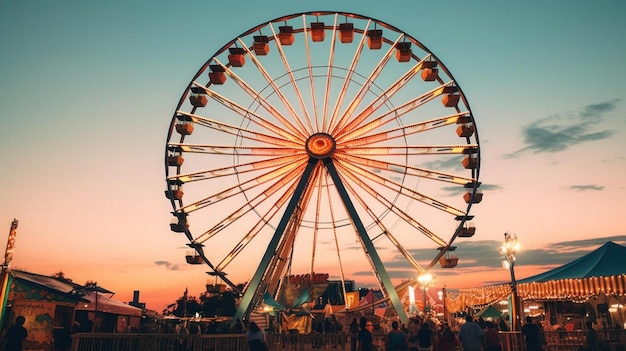 The colorful and intricately designed carnival ferris wheel against a twilight sky