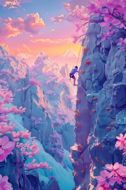 Photo colorful isolated 3d cartoon rock climbing in a dreamy landscape