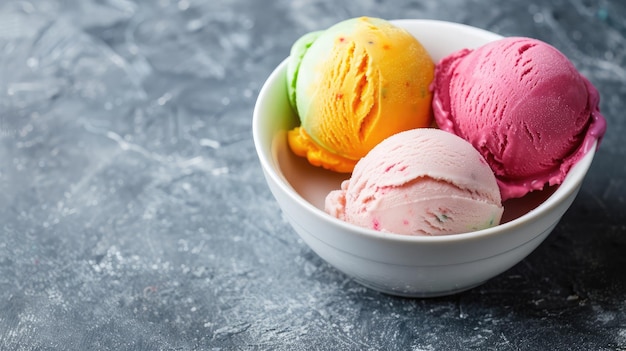 Colorful ive cream scoops in white bowl copy space