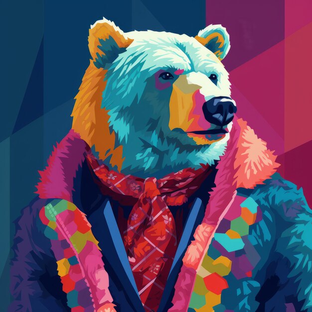 Colorful jacket bear a vibrant digital painting with pixel art style