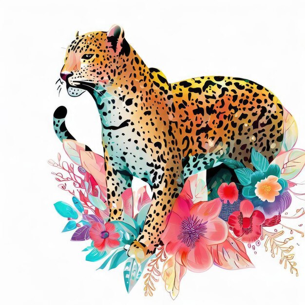Photo a colorful jaguar is on a white background with a pink and blue background.