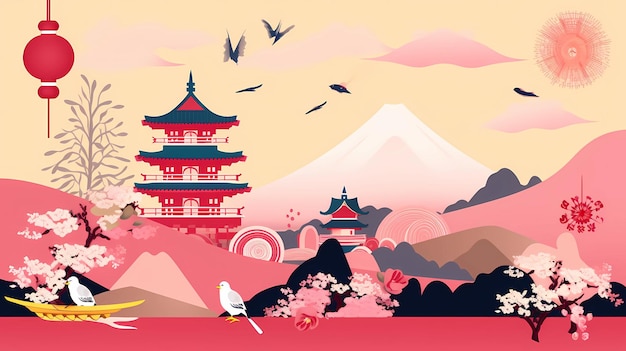 Colorful japanese illustration design of nature buildings and wild life generative ai
