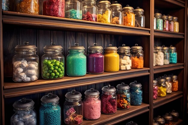 Colorful jars filled with a variety of candies on wooden shelves created with generative ai