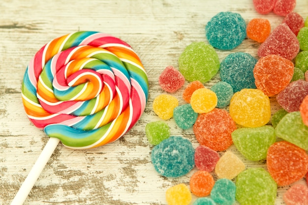 Colorful jelly beans and lollypop