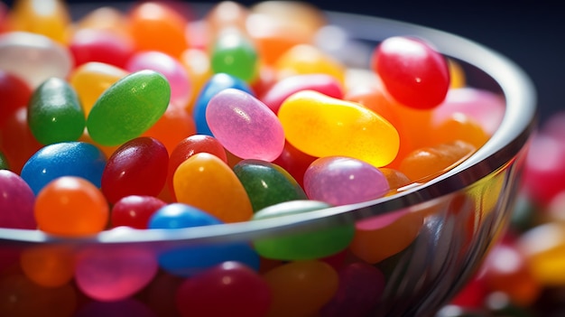 colorful jelly beans on transparent bowl