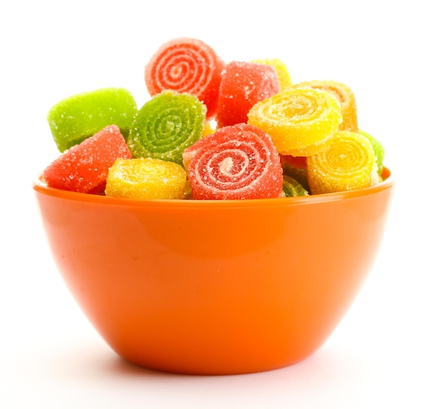 colorful jelly candies in bowl isolated on white