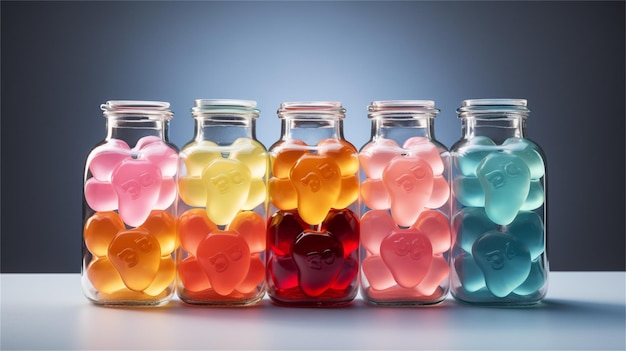 Colorful jelly candies in glass jar on wooden table with candles in background