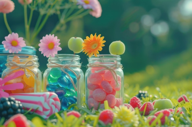 写真 緑の草と花の近くの瓶に色とりどりのゼリーキャンディー