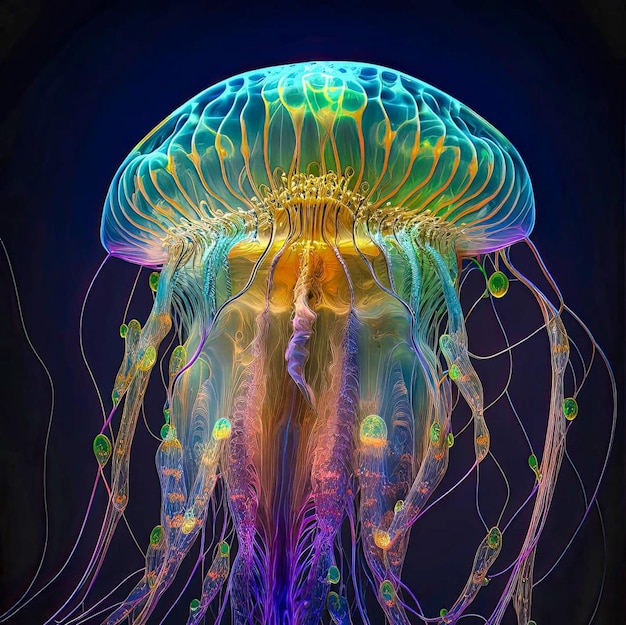 A colorful jellyfish is displayed in a dark background