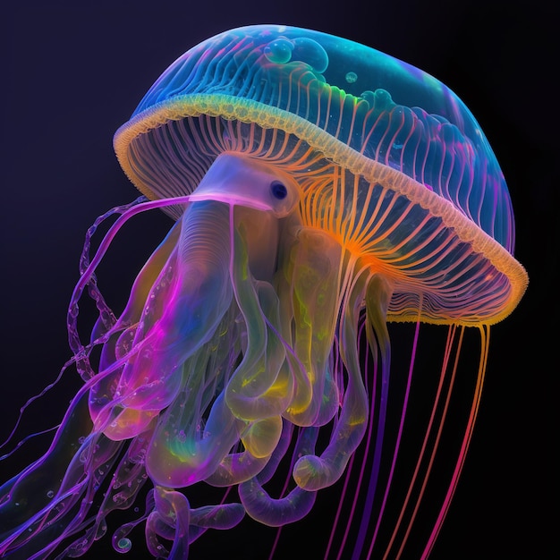 A colorful jellyfish is shown in a black background.