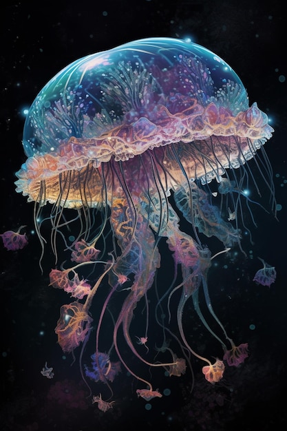 A colorful jellyfish is shown in a black background.