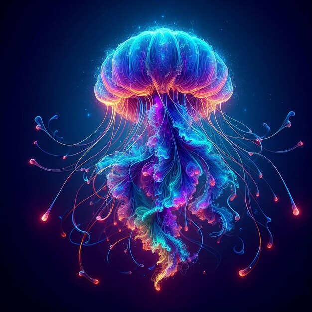 A colorful jellyfish is shown with a blue and purple tentacles