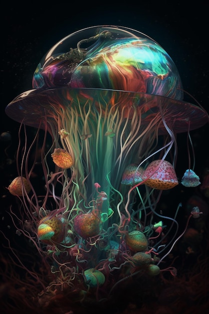 A colorful jellyfish is surrounded by a black background.