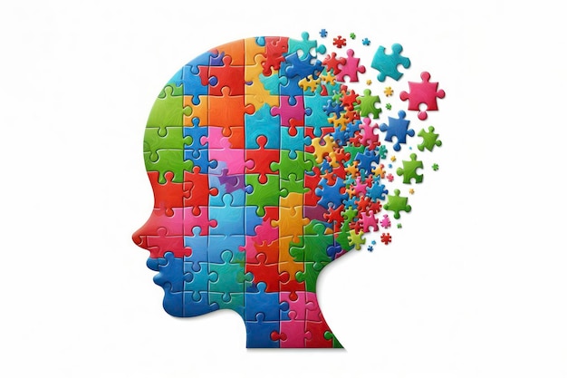 Colorful jigsaw puzzle pieces coming together to form kid head on a white background