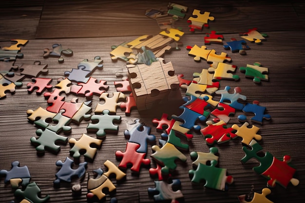 Красочные кусочки головоломки на деревянном фоне Бизнес-концепция Концепция поиска правильных решений в жизни AI Generated