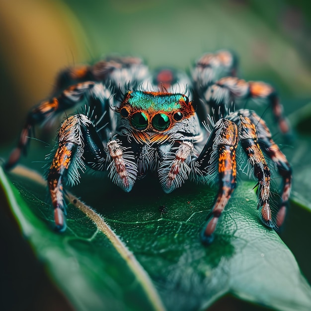 緑の葉の上に立つカラフルなジャンプスパイダー アイ・ジェネレーティブ