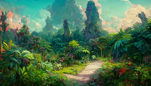 Colorful jungle background with copy space highly detailed rea\
3d rendering