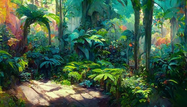 Colorful jungle background with copy space highly detailed rea 3D rendering