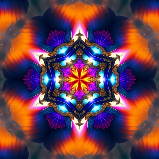 A colorful kaleidoscope of orange, blue, and yellow colors sits on a black background.