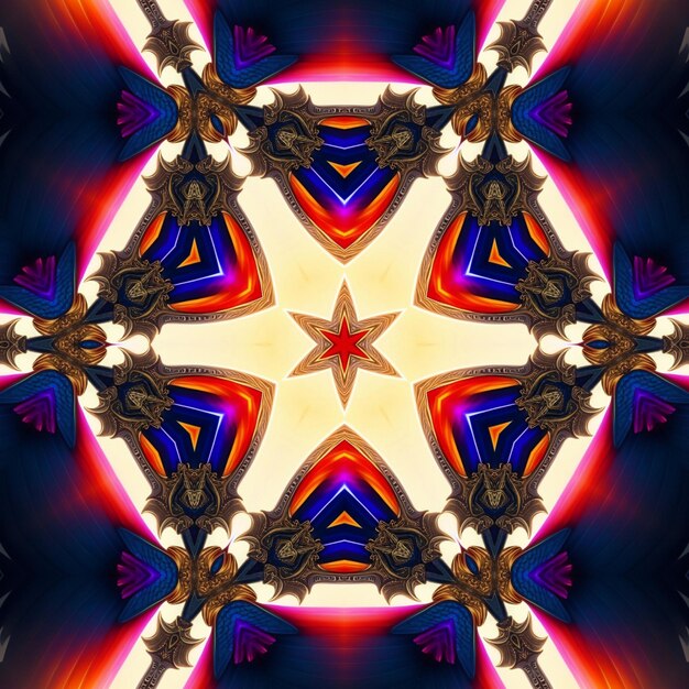 A colorful kaleidoscope of a star with a red star on it.