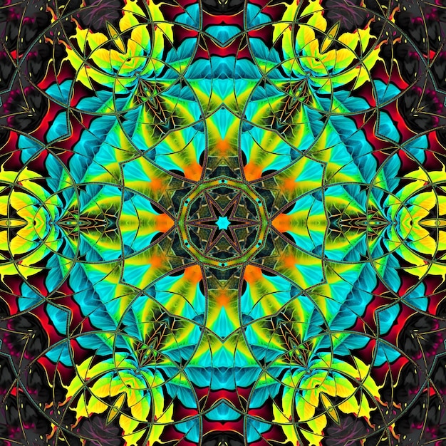 A colorful kaleidoscope with a pattern of flowers and leaves.