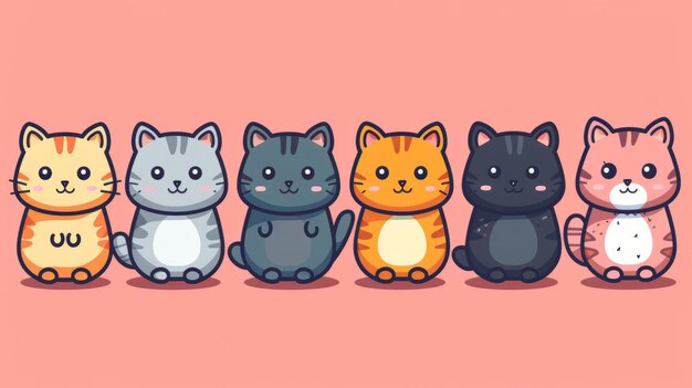 Colorful kawaii cat characters lined up on pink background