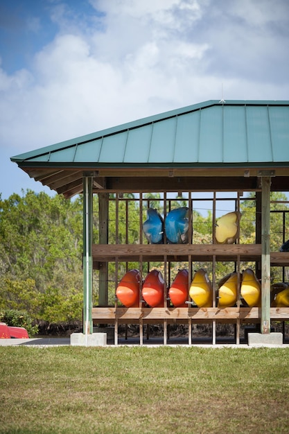 Colorful kayaks and canoes on the bay or river concept of kayaking and sports