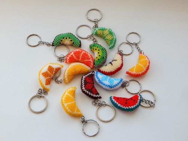 Colorful key chains on a white