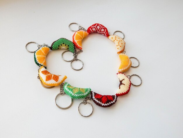 Colorful key chains on a white