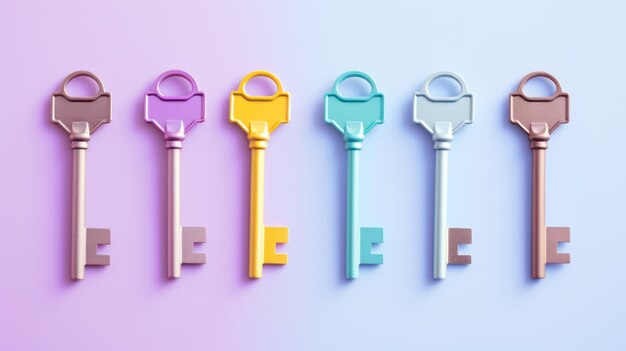 Colorful keys isolated on blue background 3d render illustration generative ai