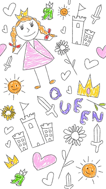 Colorful kid drawing pattern background Seamless Queen and castle theme wallpaper Flat vector illustration