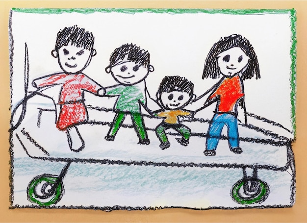 Photo a colorful kid's drawing of a family traveling by a plane