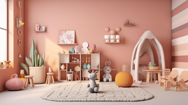 動物のおもちゃや家具を備えたカラフルな子供部屋ミニマリストの写実的な 3D リアリズム