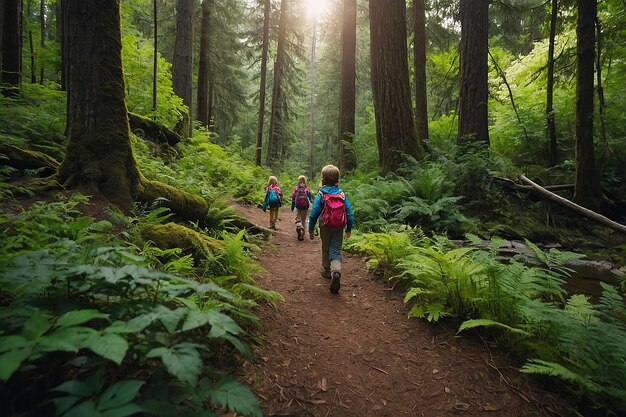 Photo colorful kids taking a nature hike through a lush forest exploring the beauty of the outdoors the