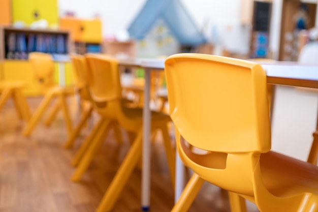 Foto classe di scuola materna colorata senza sedia da scrivania per l'educazione scolastica dei bambini giocattolo e decorazione sulla parete di fondo infanzia