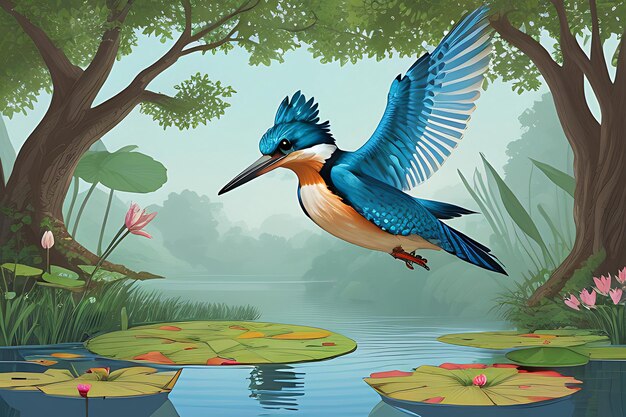 Colorful king fisher bird on a branch of a tree waiting to catch a fish ai generated