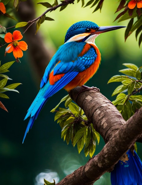 A colorful kingfisher sits on a branch in the forest