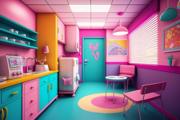 A colorful kitchen with a pink door that says " the word " on the front.