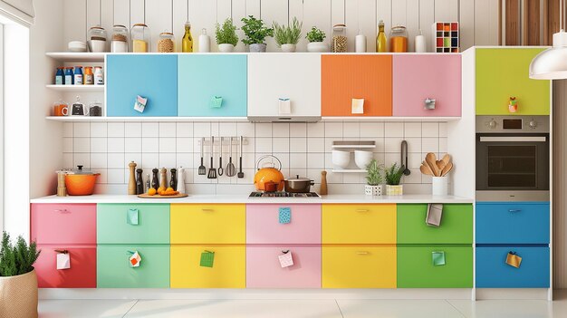 a colorful kitchen with a shelf with a variety of kitchen items