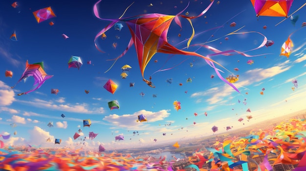 Colorful kite best flyers blue sky flying picture Ai generated art