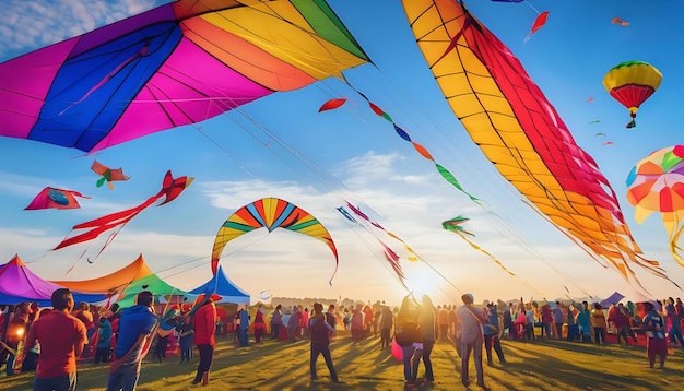 A colorful kite festival with competitors showcasing their skills