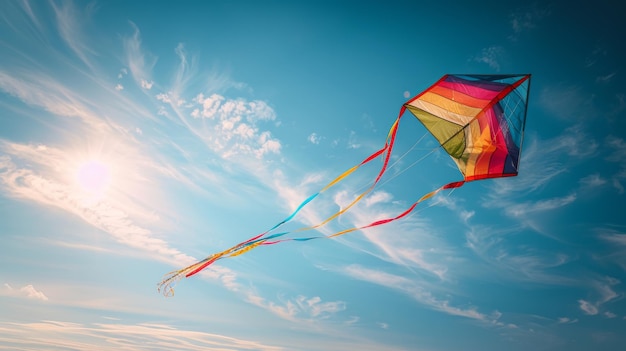 a colorful kite flying in the blue sky on a sunny day with clouds generative ai